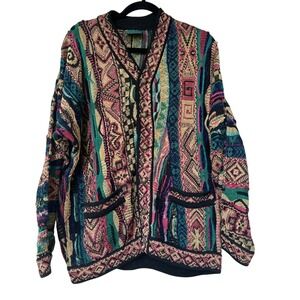 Coogi 3D Knit Cardigan Mens M Pink Teal Tan Vintage Australia Grandpacore 90s